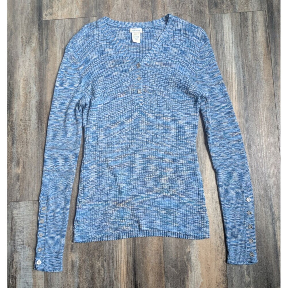 SUNDANCE Create Beauty Henley Knit Top Sweater Blue Ribbed Space Dyed Size Large